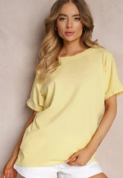 Żółty Bawełniany T-shirt Oversize z Krótkim Rękawem i Dłuższym Tyłem Zanimara