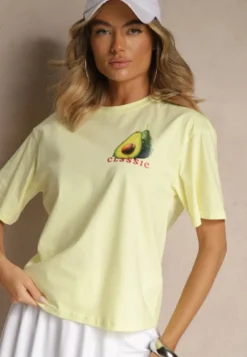 Żółty T-shirt z Bawełną ze Wzorem Awokado Tilannia