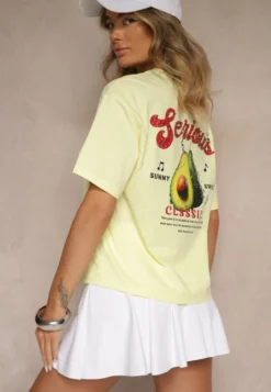 Żółty T-shirt z Bawełną ze Wzorem Awokado Tilannia