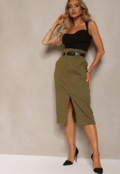 Zielona Bawełniana Spódnica High Waist z Rozcięciem Paskiem i Gumką w Talii Crisbella