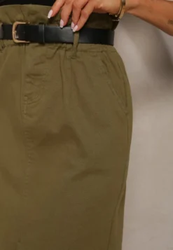Zielona Bawełniana Spódnica High Waist z Rozcięciem Paskiem i Gumką w Talii Crisbella