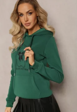 Zielona Bluza Kangurka ze Ściągaczami z Nadrukiem i Polarem Simunsa