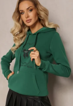 Zielona Bluza Kangurka ze Ściągaczami z Nadrukiem i Polarem Simunsa