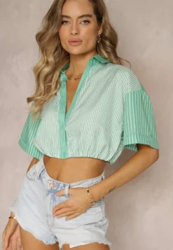 Zielona Bluzka Krótka w Stylu Retro na Guziki Ozdobiona Paskami Fito