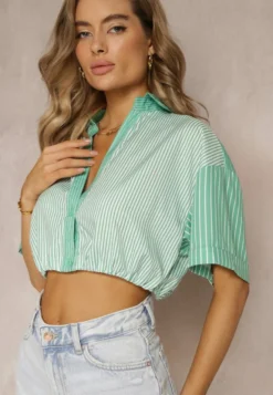 Zielona Bluzka Krótka w Stylu Retro na Guziki Ozdobiona Paskami Fito