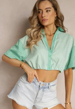 Zielona Bluzka Krótka w Stylu Retro na Guziki Ozdobiona Paskami Fito