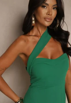 Zielona Koktajlowa Sukienka Typu Bodycon o Asymetrycznym Kroju Haliannea