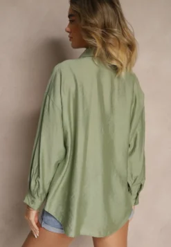 Zielona Koszula Oversize w Klasycznym Stylu z Kieszonką Liozira