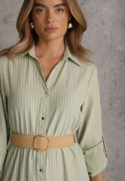 Zielona Koszulowa Sukienka z Wiskozą z Paskiem z Plecionki Nerolia