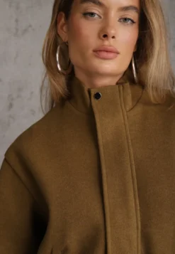 Zielona Kurtka Przejściowa Bomber Jacket ze Stójką z Wełną i Bawełną Bioneza