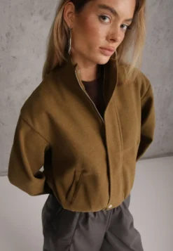 Zielona Kurtka Przejściowa Bomber Jacket ze Stójką z Wełną i Bawełną Bioneza
