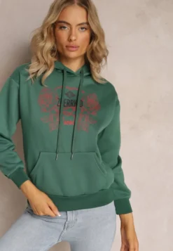 Zielona Modna Bluza z Nadrukiem i Kapturem Ozdobiona Nadrukiem Arinalu