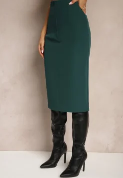 Zielona Spódnica o Ołówkowym Kroju High Waist z Rozcięciem z Tyłu Liozia