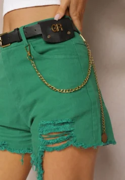 Zielone Bawełniane Szorty High Waist z Paskiem z Odpinanym Łańcuszkiem Priseis