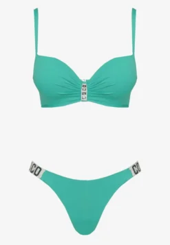 Zielone Bikini Biustonosz i Majtki Figi z Aplikacją z Cyrkoniami Nateria