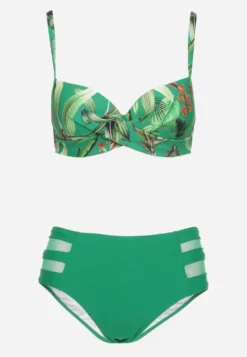 Zielone Bikini Biustonosz w Liście i Majtki Figi z Siateczkowymi Wstawkami Kinalea