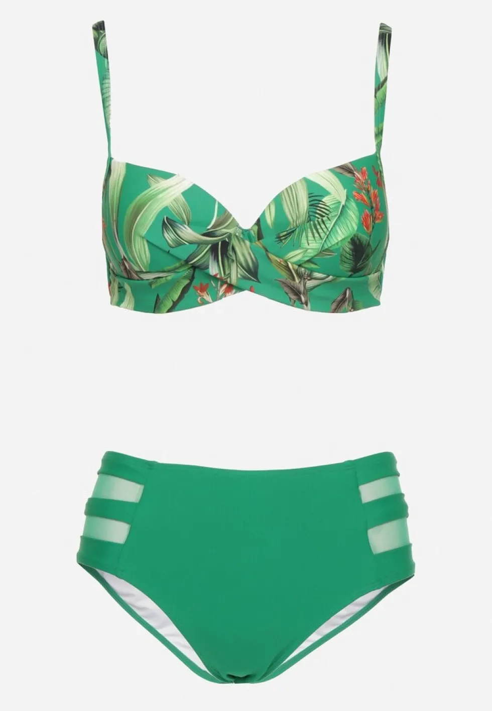Zielone Bikini Biustonosz w Liście i Majtki Figi z Siateczkowymi Wstawkami Kinalea