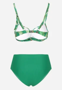 Zielone Bikini Biustonosz w Liście i Majtki Figi z Siateczkowymi Wstawkami Kinalea