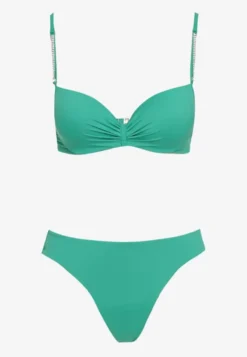 Zielone Bikini Usztywniany Biustonosz z Cyrkoniami i Spodenki Kąpielowe Wykończone Gumką w Pasie Rilamia