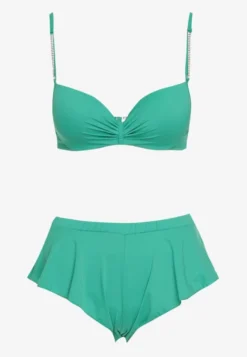 Zielone Bikini Usztywniany Biustonosz z Cyrkoniami i Spodenki Kąpielowe Wykończone Gumką w Pasie Rilamia