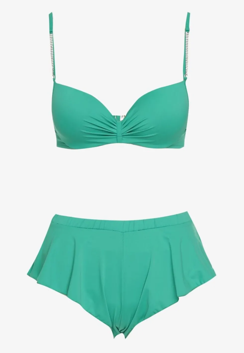 Zielone Bikini Usztywniany Biustonosz z Cyrkoniami i Spodenki Kąpielowe Wykończone Gumką w Pasie Rilamia