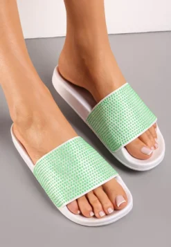 Zielone Klapki Ozdobione Cyrkoniami na Szerokim Pasku Alitia