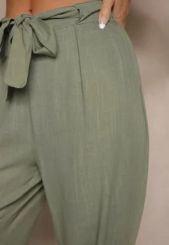 Zielone Klasyczne Spodnie High Waist z Lnu i Bawełny Wiązane w Talii Linelira