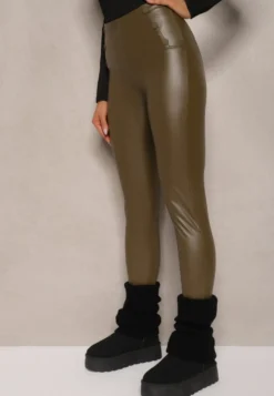 Zielone Legginsy High Waist z Imitacji Skóry z Gumką w Pasie Ozdobione Guzikami Sinairis