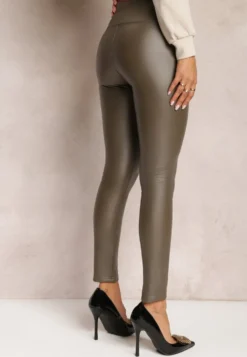 Zielone Legginsy Ocieplane z Imitacji Skóry Lenho