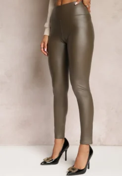 Zielone Legginsy Ocieplane z Imitacji Skóry Lenho