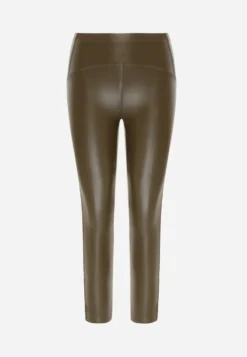 Zielone Legginsy z Imitacji Skóry High Waist z Polarem Labrinne