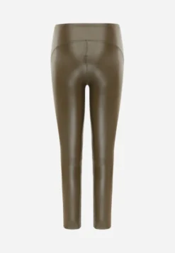Zielone Legginsy z Imitacji Skóry High Waist z Polarem Labrinne