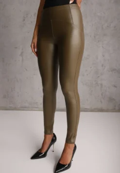 Zielone Legginsy z Imitacji Skóry High Waist z Polarem Labrinne