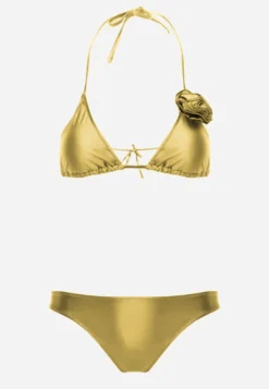 Zielone Minimalistyczne Bikini Wiązany Biustonosz z Kwiatem 3D i Majtki Figi Evaris