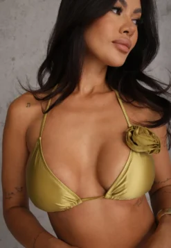 Zielone Minimalistyczne Bikini Wiązany Biustonosz z Kwiatem 3D i Majtki Figi Evaris