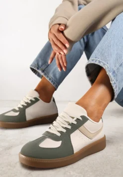 Zielone Sneakersy na Niskiej Platformie z Metalicznymi Wstawkami Dalivia