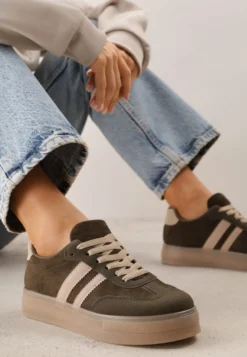 Zielone Sneakersy na Platformie w Stylu Tenisówek Ozdobione Paskami Ladia