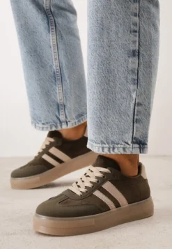 Zielone Sneakersy na Platformie w Stylu Tenisówek Ozdobione Paskami Ladia