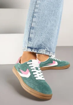 Zielone Sneakersy Skórzane w Stylu Tenisówek z Geometrycznym Motywem Erisane