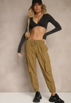 Zielone Spodnie Cargo z Bawełną High Waist Kolanielis