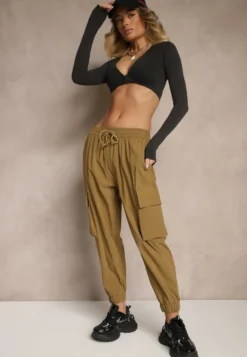 Zielone Spodnie Cargo z Bawełną High Waist Kolanielis