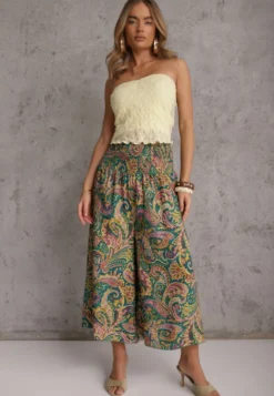 Zielone Spodnie Culottes z Bawełnianej Tkaniny Ozdobione Wzorem Paisley Gwinamas