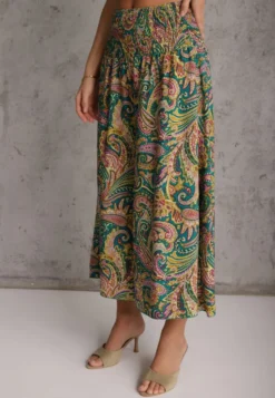 Zielone Spodnie Culottes z Bawełnianej Tkaniny Ozdobione Wzorem Paisley Gwinamas