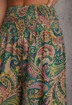 Zielone Spodnie Culottes z Bawełnianej Tkaniny Ozdobione Wzorem Paisley Gwinamas