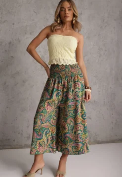Zielone Spodnie Culottes z Bawełnianej Tkaniny Ozdobione Wzorem Paisley Gwinamas