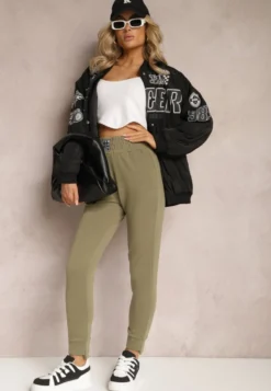 Zielone Spodnie Dresowe High Waist z Kieszeniami i Ściągaczami Falira