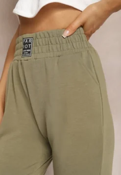 Zielone Spodnie Dresowe High Waist z Kieszeniami i Ściągaczami Falira