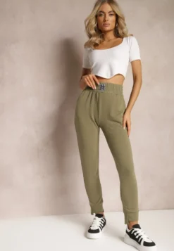 Zielone Spodnie Dresowe High Waist z Kieszeniami i Ściągaczami Falira