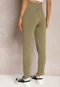 Zielone Spodnie Dresowe High Waist z Kieszeniami i Ściągaczami Falira