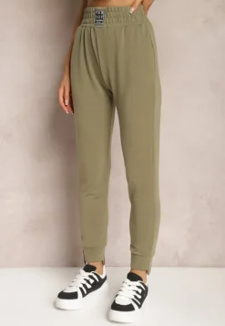 Zielone Spodnie Dresowe High Waist z Kieszeniami i Ściągaczami Falira